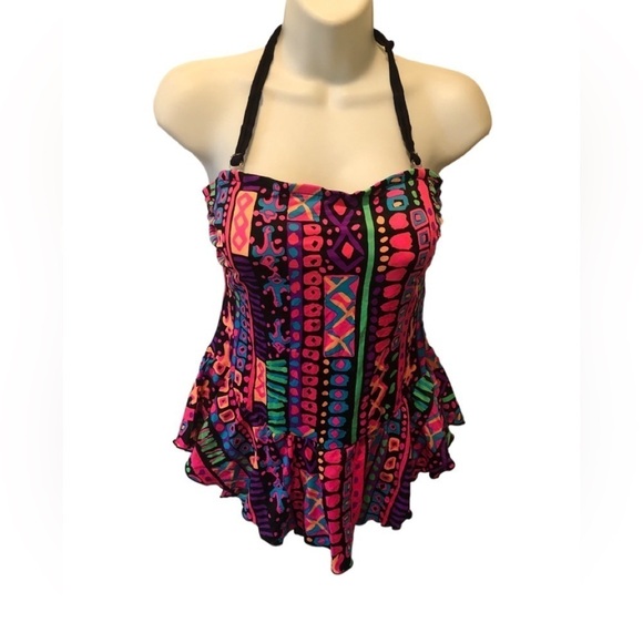 VTG 80’s Hobie One Piece Colorful Swimsuit Ruffle Peplum Bodice 18 Runs Small - Picture 1 of 6